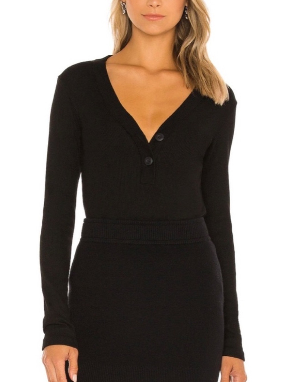 MONROW Ribbed Henley Shirt V Neck Long Sleeve Button Front Black Tencel Cotton L